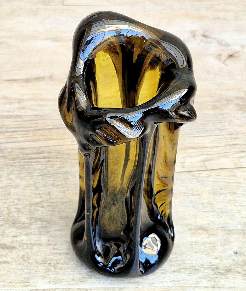 Vintage 1970s Polish Wołomin Hand Blown Smoked Amber Art Glass Pulled Freeform Ribbed Vase Rare Piece