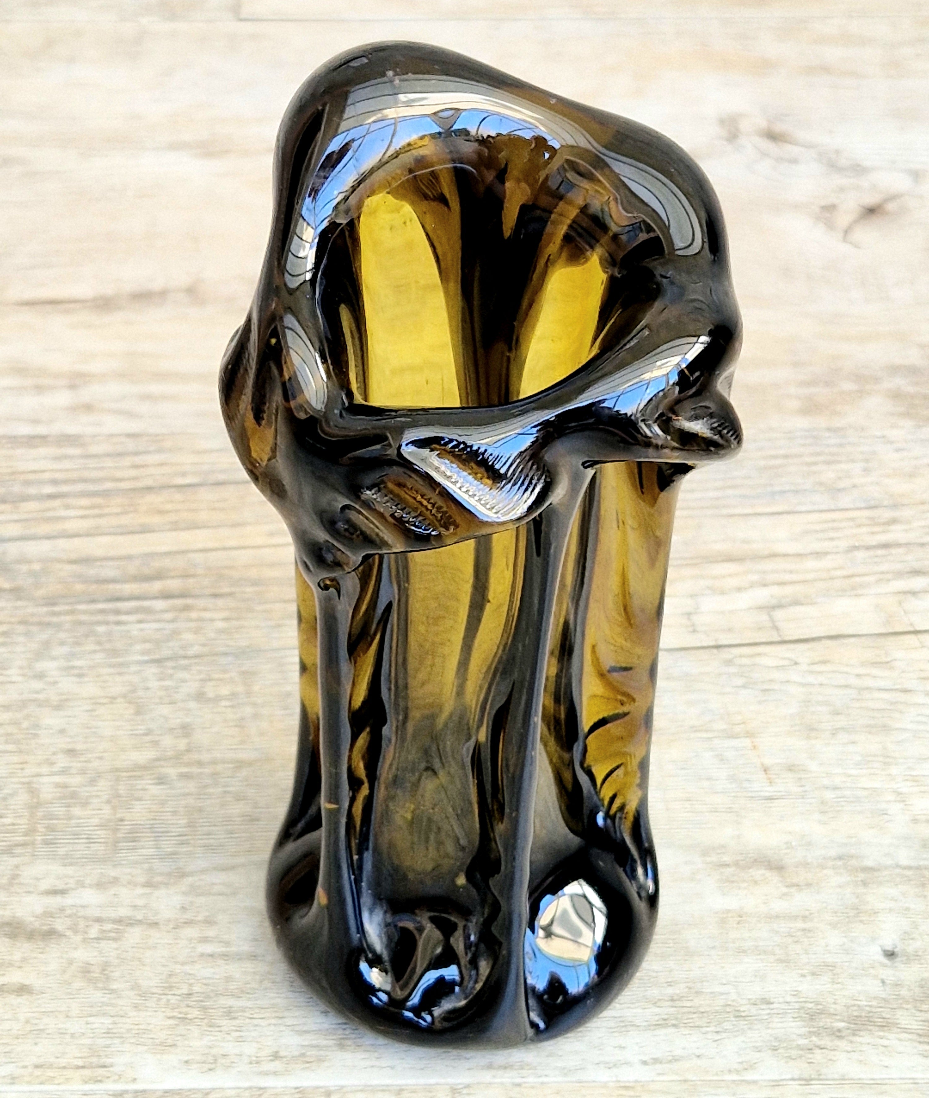 Vintage 1970s Polish Wołomin Hand Blown Smoked Amber Art Glass Pulled Freeform Ribbed Vase Rare Piece