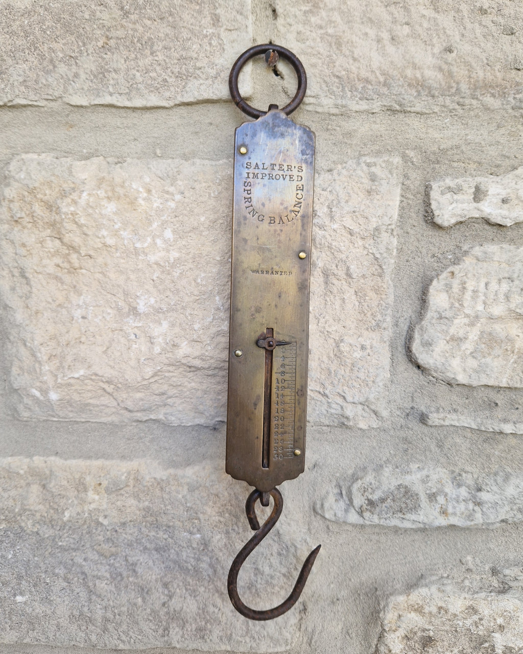 Antique Salter Improved Brass Spring Balance Scale Hanging Pocket Scales 32.5cm Working