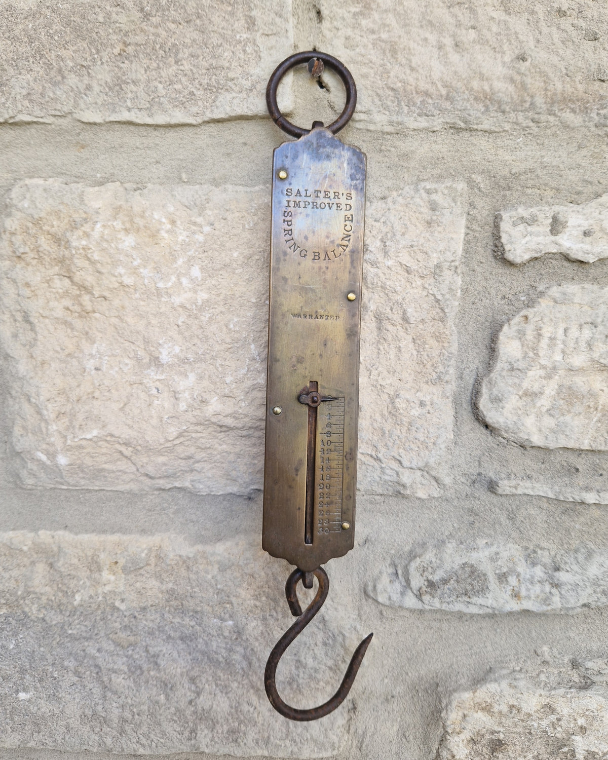 Antique Salter Improved Brass Spring Balance Scale Hanging Pocket Scales 32.5cm Working
