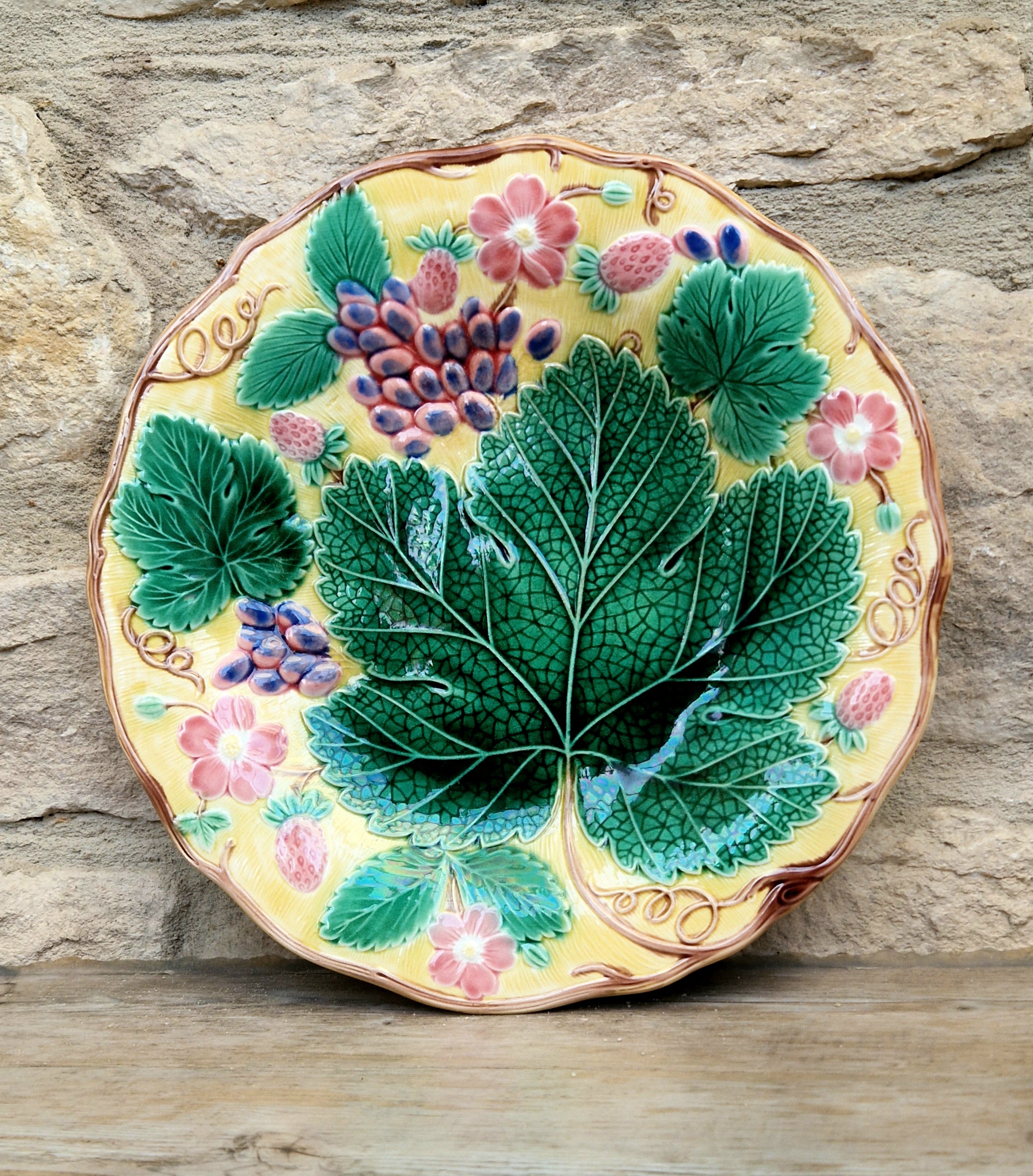 Rare Vintage Wedgwood Majolica Yellow Ground Strawberry Vine Plate 1930s English Pottery Exceptional Condition Grape Leaf & Berries
