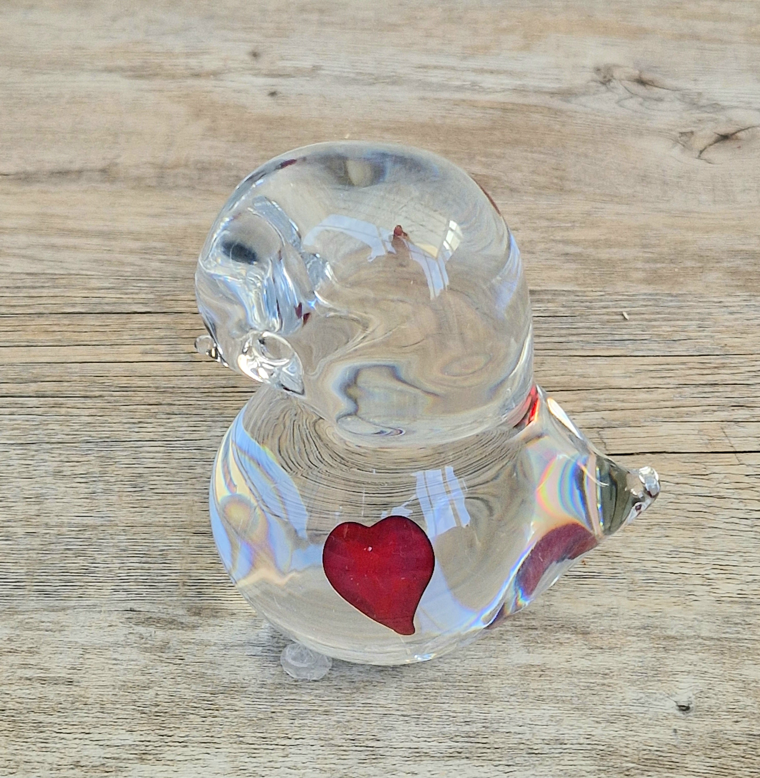 Art Glass Stylised Duckling Shaped Clear Glass With Embedded Red Heart Paperweight Ornament