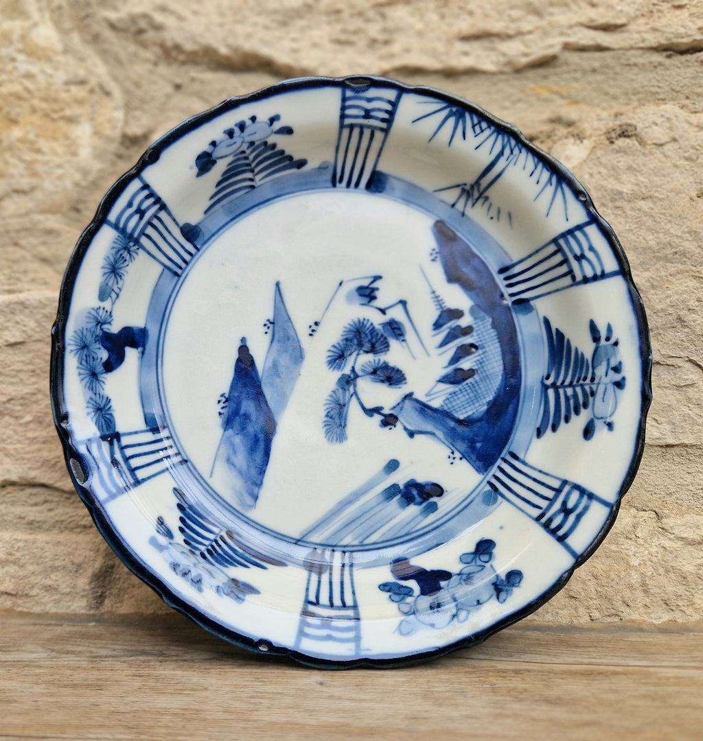 Japanese Ceramic Namasu-Zara Dish Blue & White Arita Edo 'Scholar's Retreat' Kraak Style Rare Antique