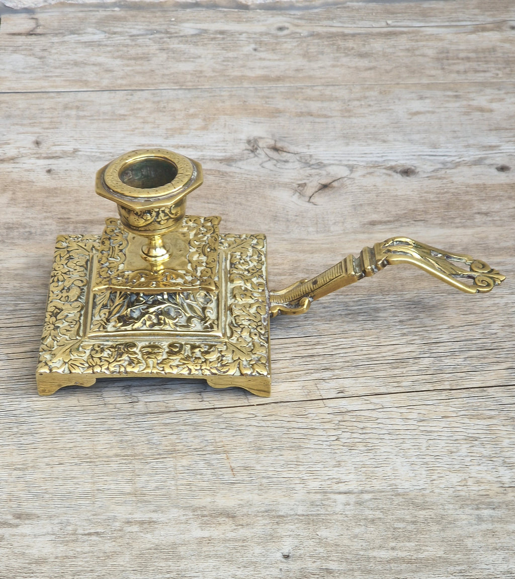 Fine French Antique Rococo Solid Brass Square Tiered Footed Chamberstick