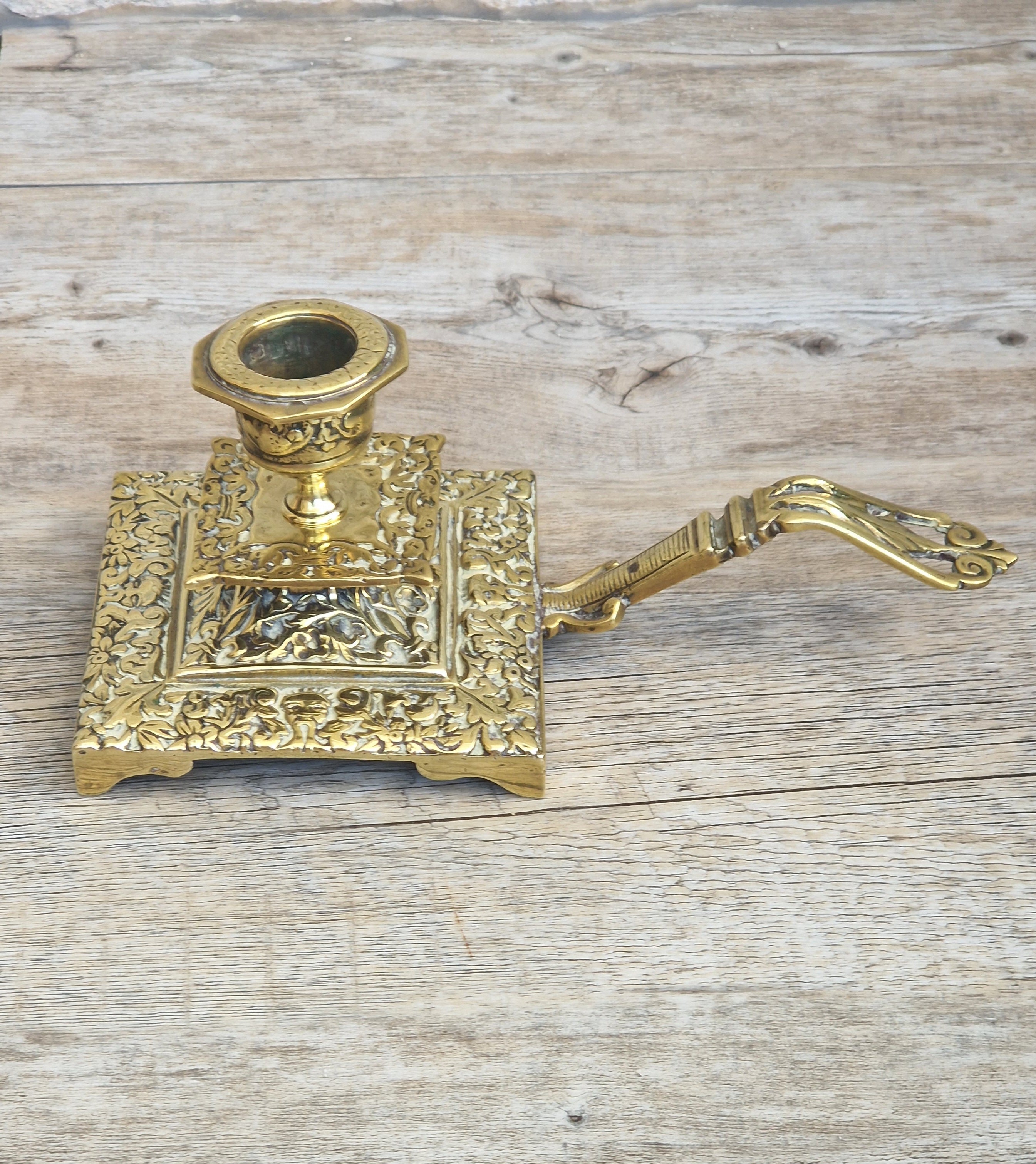 Fine French Antique Rococo Solid Brass Square Tiered Footed Chamberstick