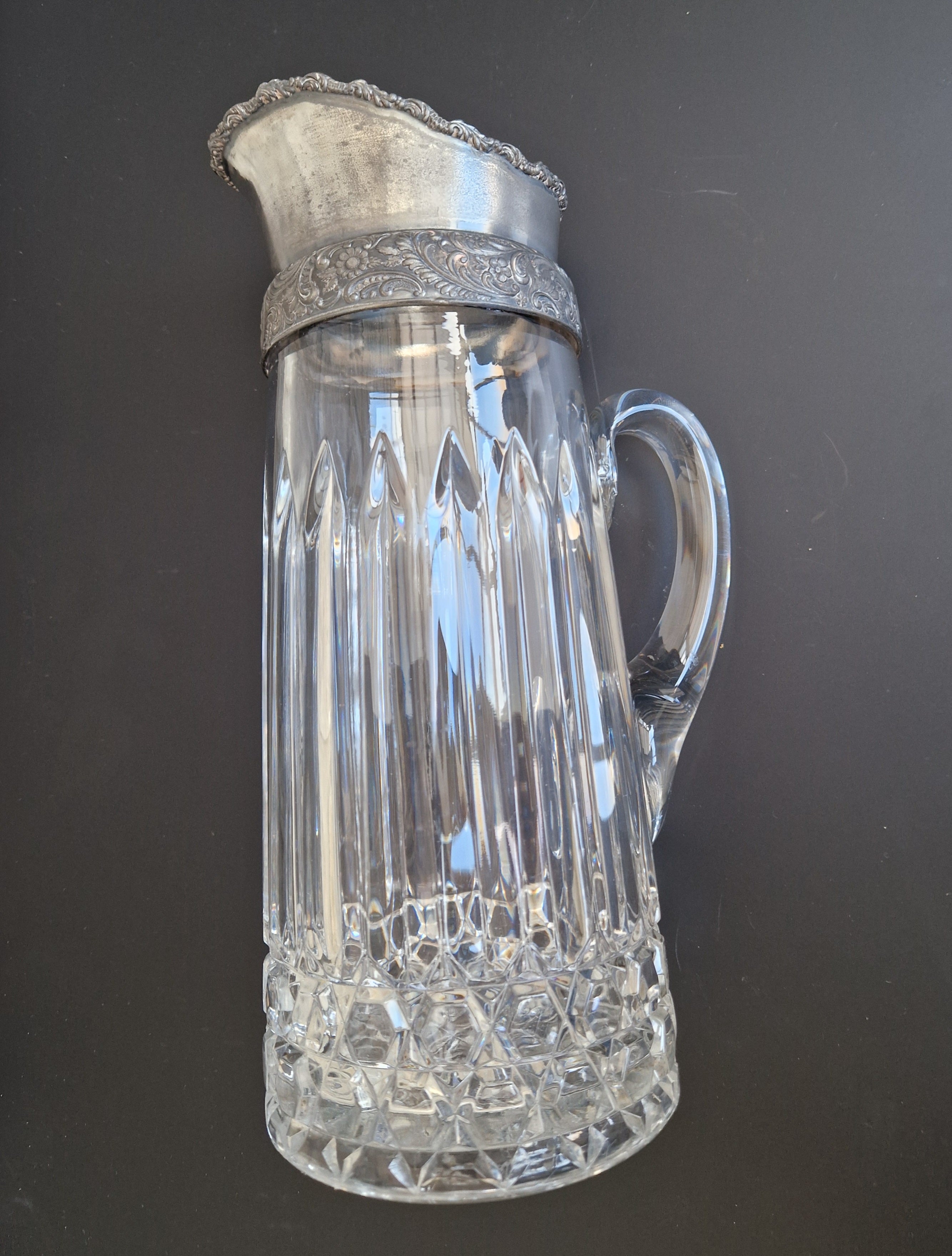 English Heavy Cut Glass & Pewter Water Pitcher Circa 1890 Antique Crystal