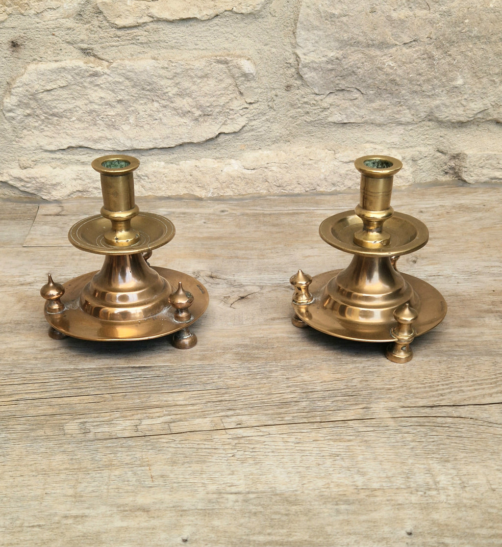 Pair of 19th Century Judin Signed Czarist Era Russian Bronzed Sabbath Bun Footed Capstan Candle Holders.