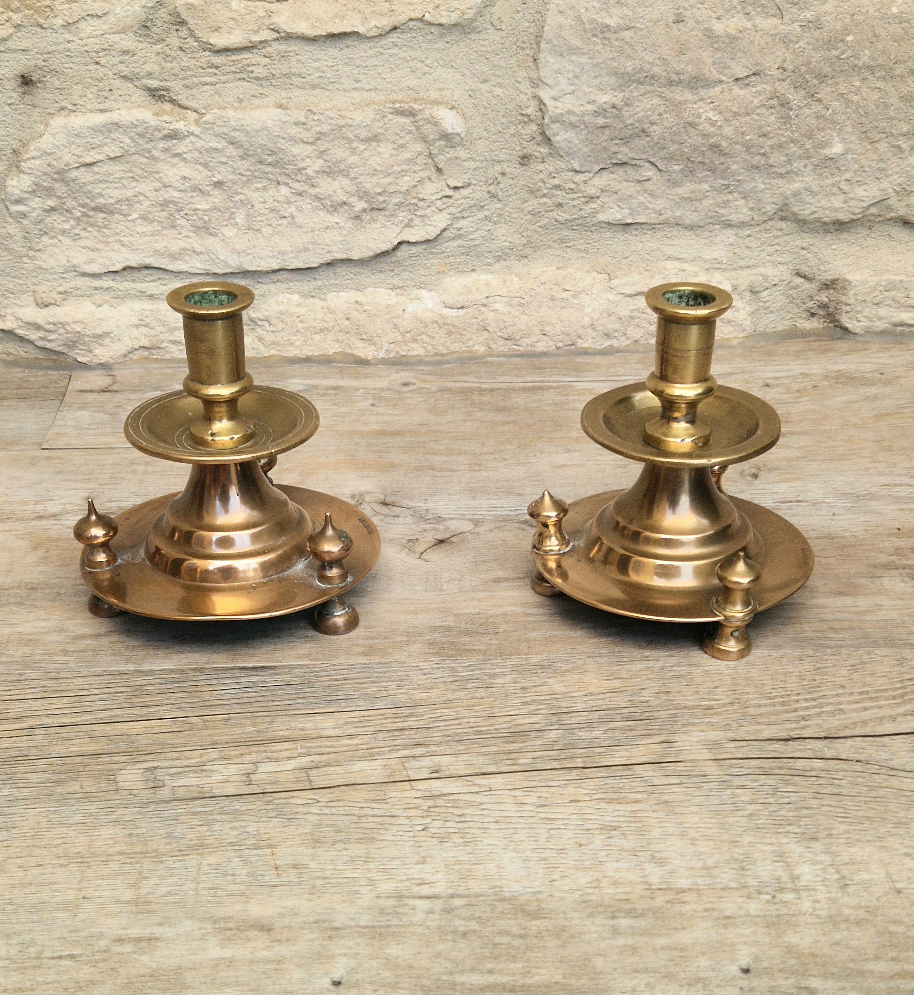 Pair of 19th Century Judin Signed Czarist Era Russian Bronzed Sabbath Bun Footed Capstan Candle Holders.