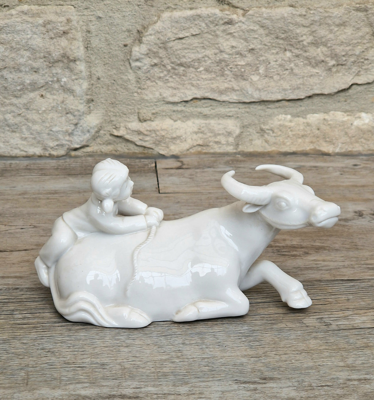 Vintage Chinese Blanc De Chine Porcelain Figurine Girl Riding Water Buffalo Ox Ceramic Home Ornament