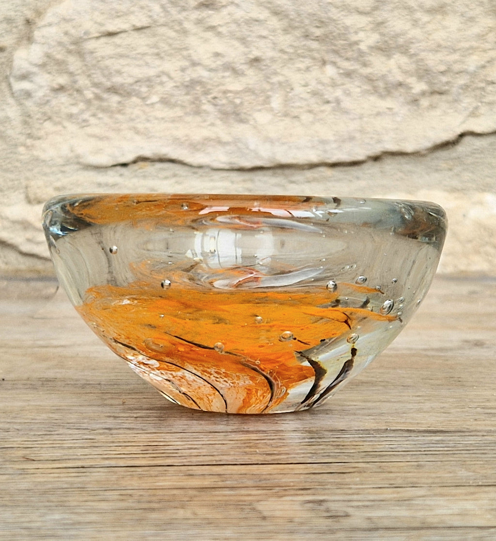 Vintage 1970s Isle of Wight Tortoiseshell Glass Bowl Signed Flame Mark Michael Harris 9cm