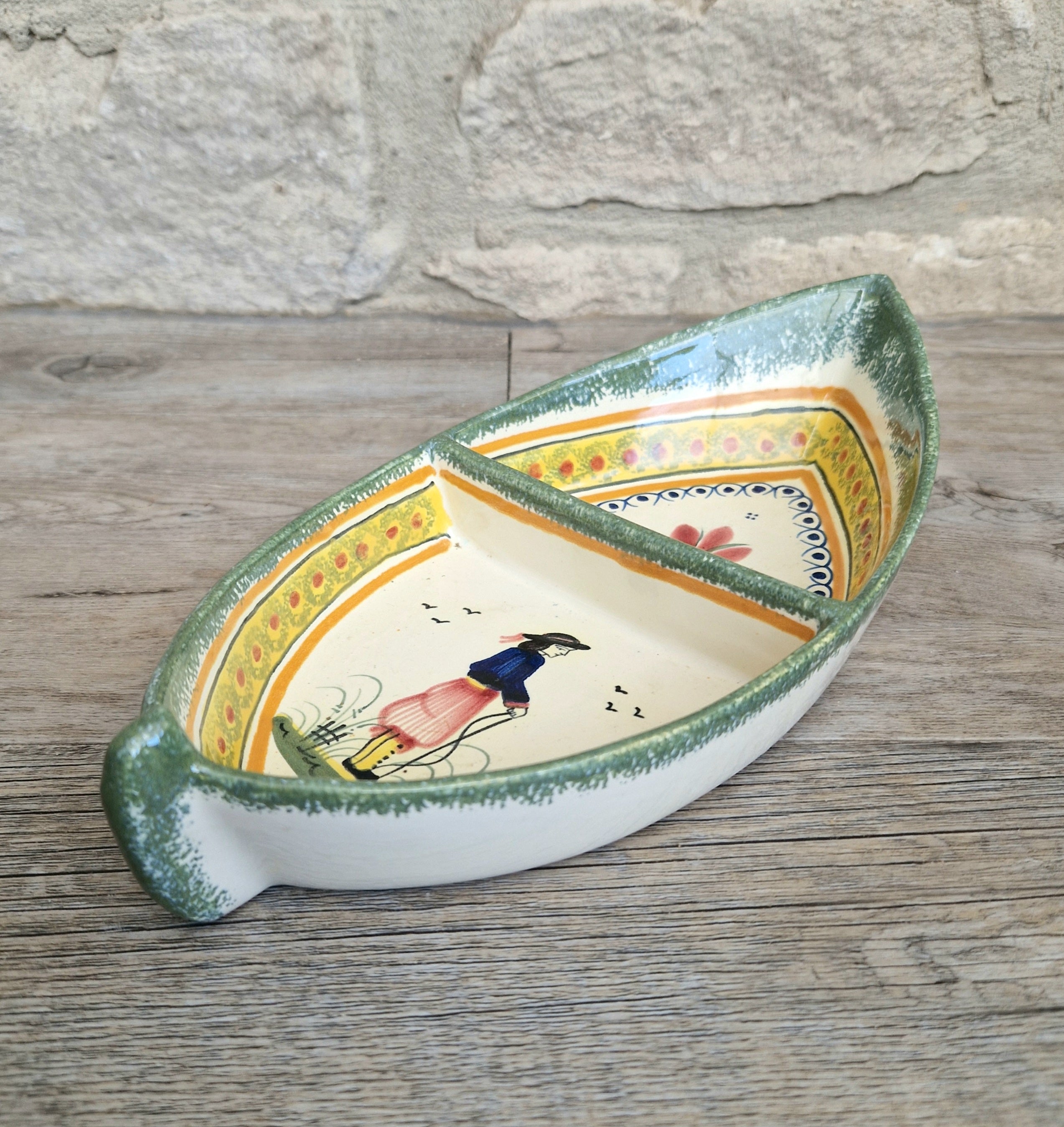 Vintage Henriot Quimper Faience Ceramic Boat Shape Divided Serving Dish