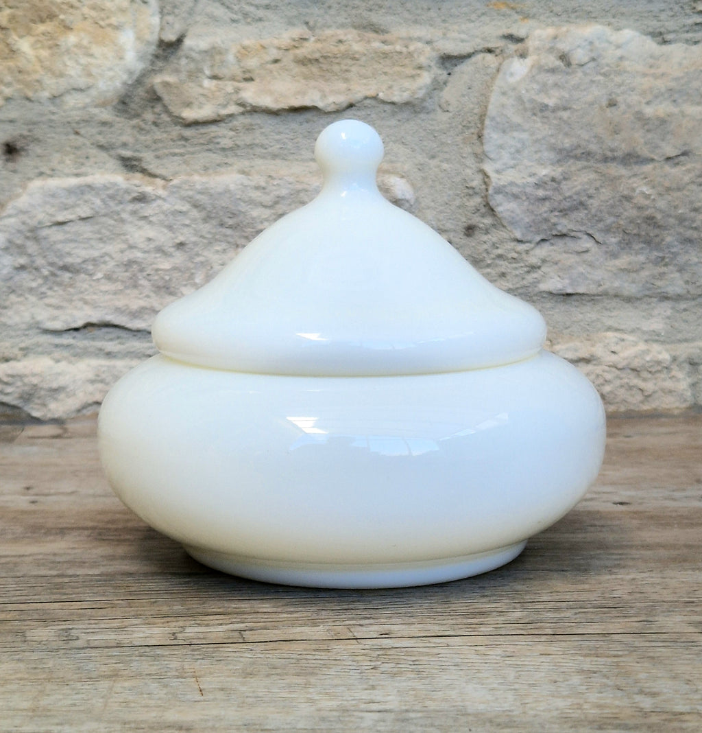 Large French Art Deco White Opaline Glass Bonbonniere Lidded Candy Dish Jar 1930s