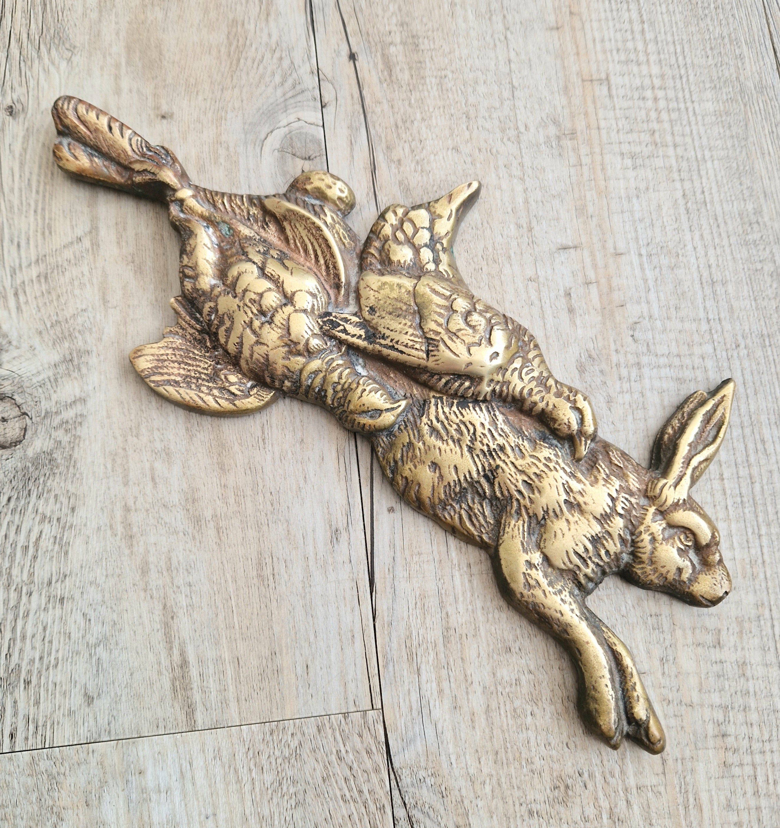 Victorian Cast Brass Wall Game Hanger Hare & Brace Of Partridge Kitchenalia