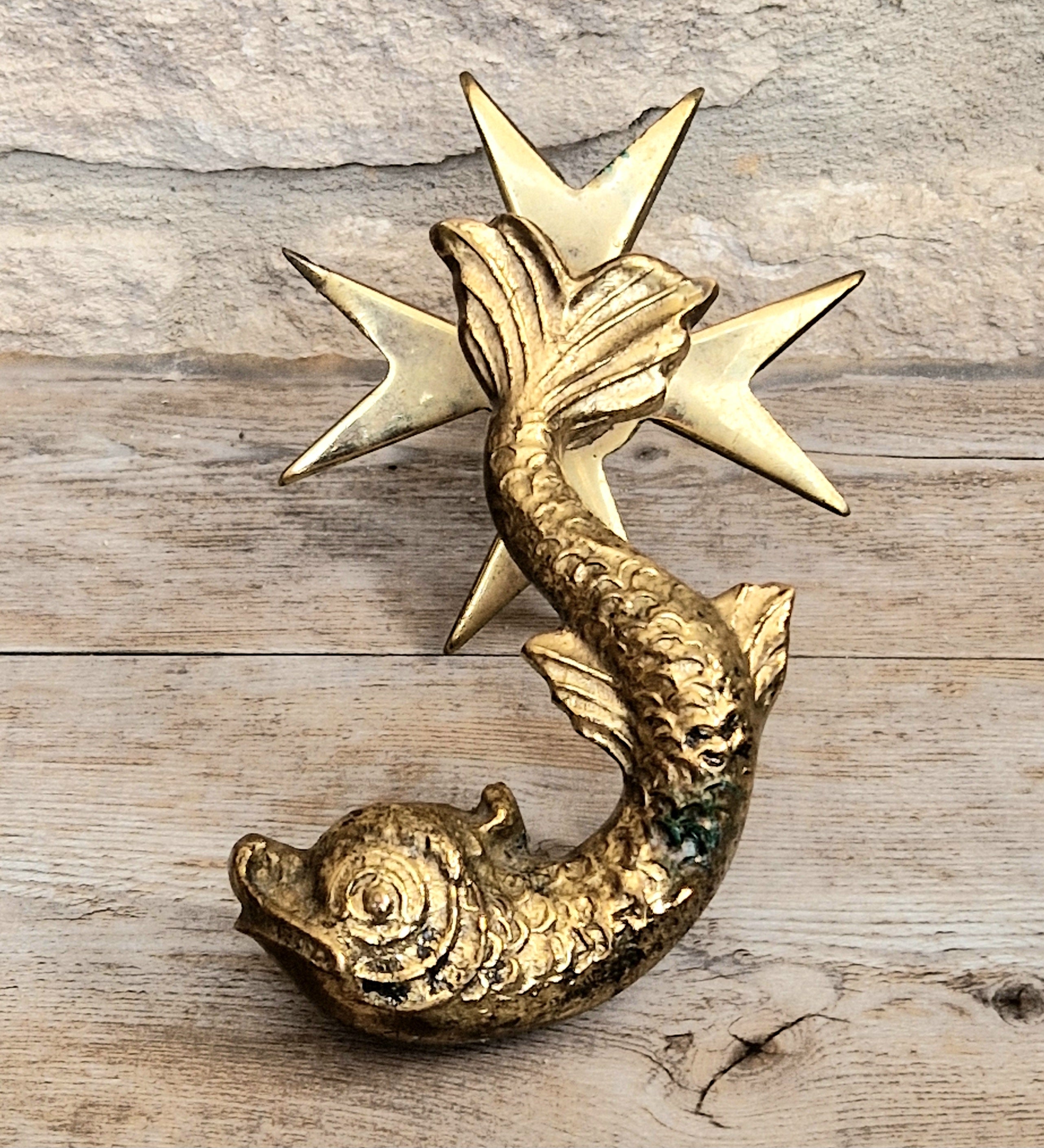 Vintage Heavy Cast Brass Maltese Cross & Dolphin Door Knocker 1950's