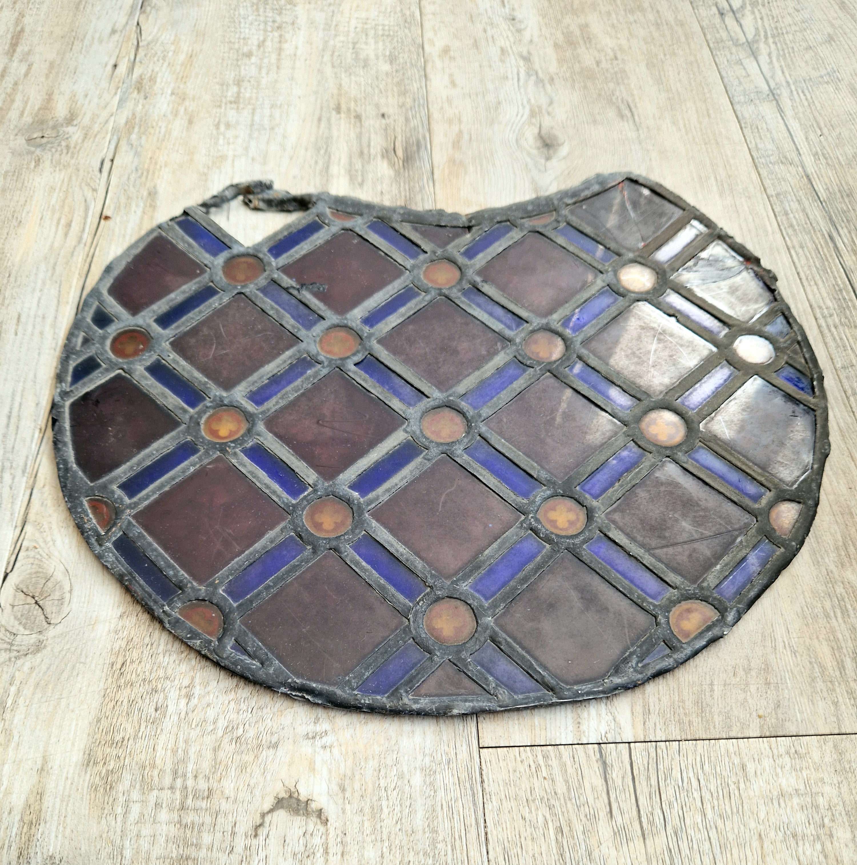 Rare Antique Early 19th Century French Gothic Revival Stained Glass Roundel Panel - Medieval Style Diaper Pattern