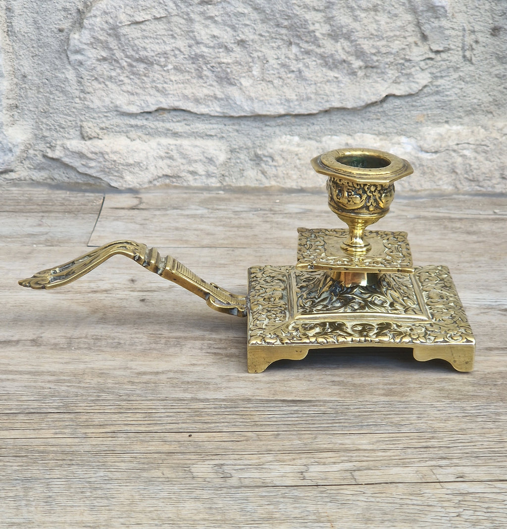Fine French Antique Rococo Solid Brass Square Tiered Footed Chamberstick
