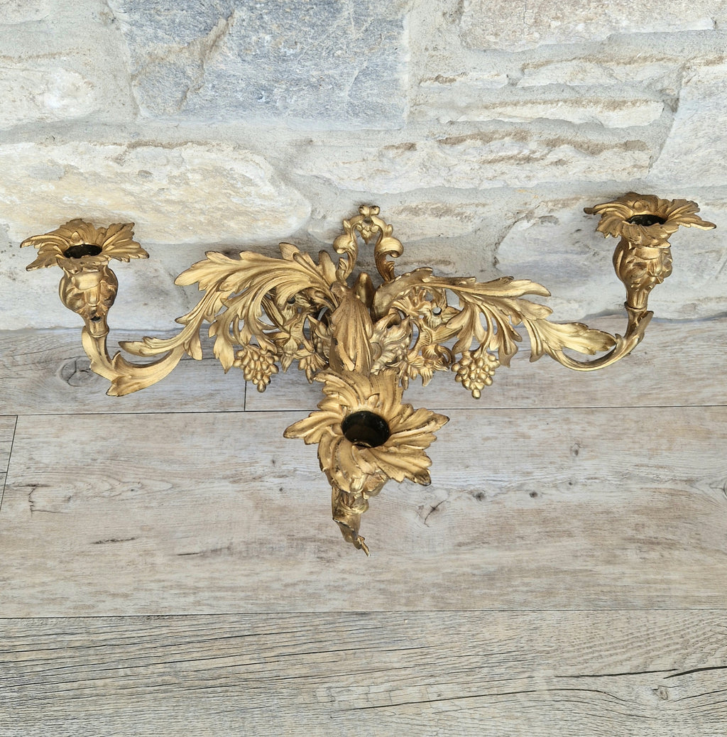 A Single French Louis XV Style Gilt Bronze 3 Branch Applique Sconce c.1900