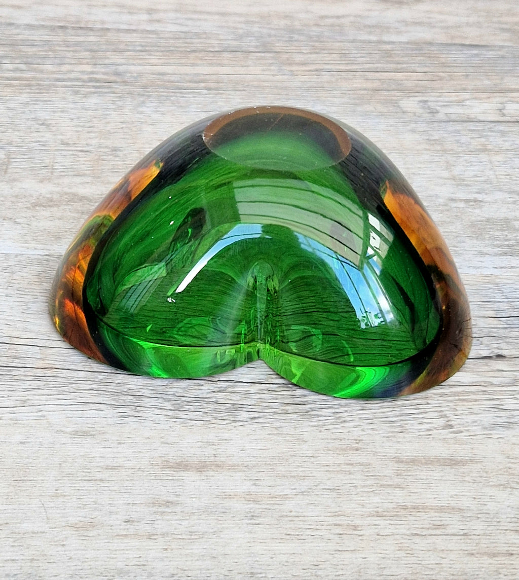 Mid-Century Tri-Form Seguso Sommerso Murano Art Glass Bowl Amber & Green 1970s 13cm