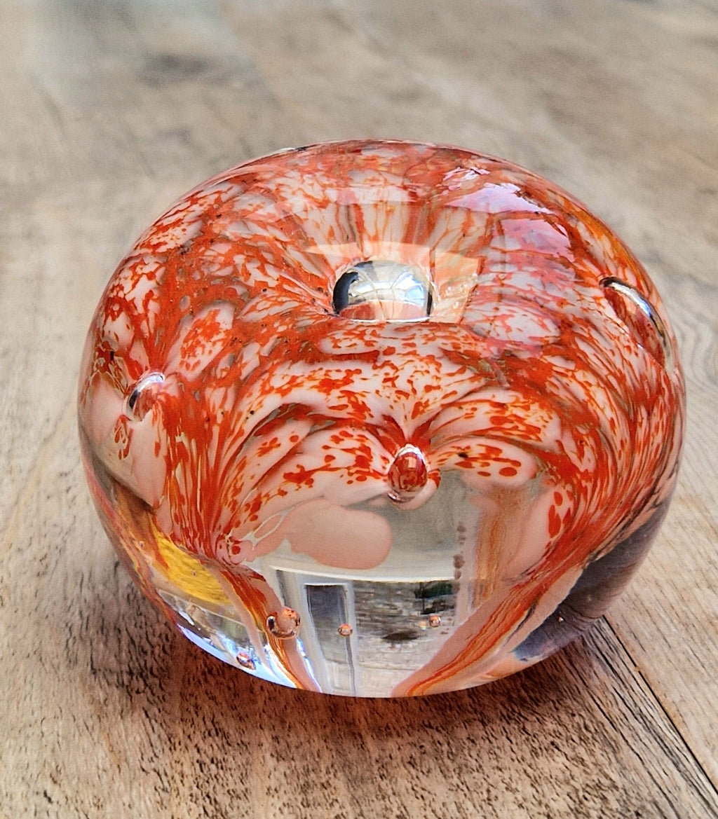 Vintage Rare Liskeard Glass Cornwall Orange & White Bubble Sphere Paperweight 1975