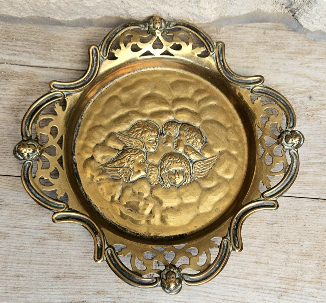 Antique Repoussé Brass Card Tray or Pin Dish "A Child's Angels" (Reynolds Angels) motif 14cm