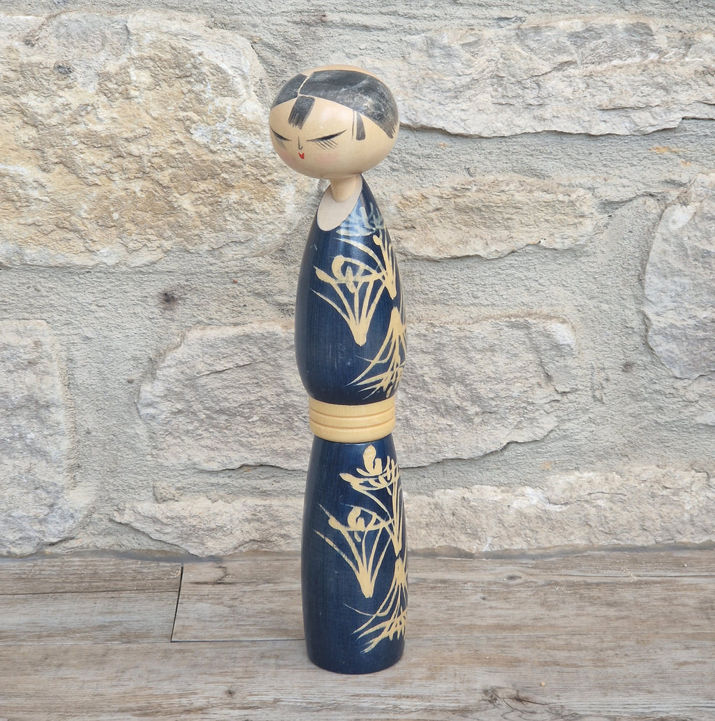 Vintage Japanese Sosaku Kokeshi Doll by Sato Suigai Signed Semishigure Blue Wooden Folk Art 25cm