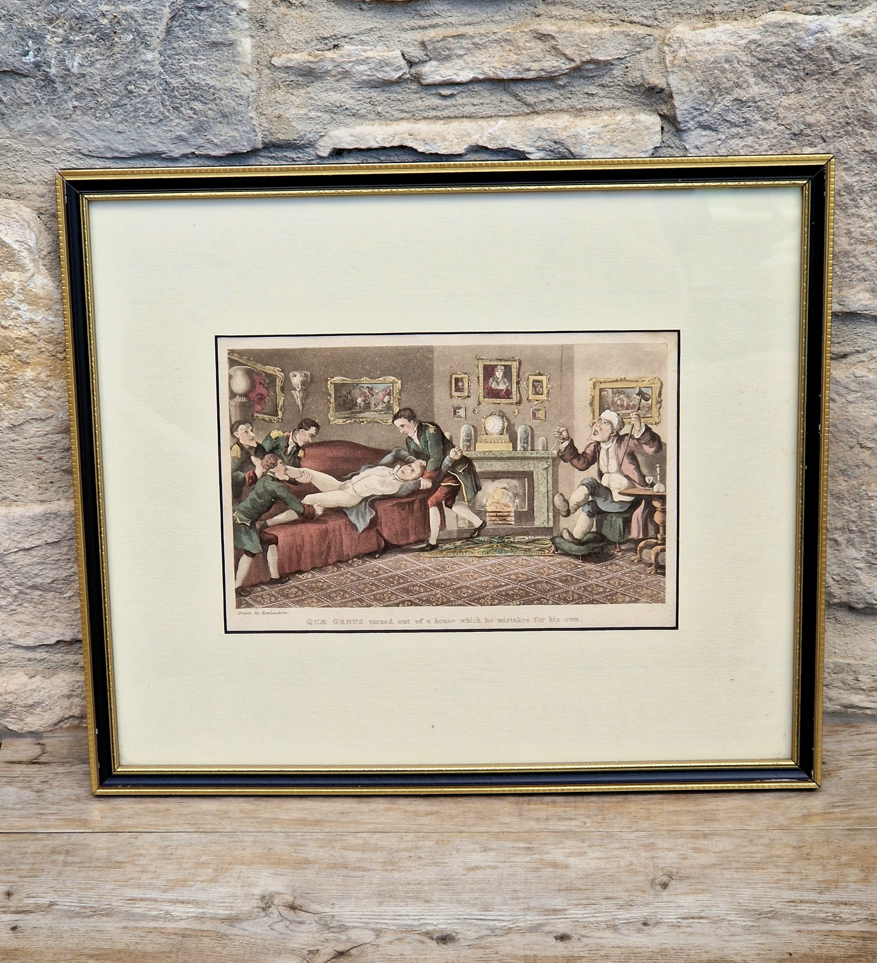 Thomas Rowlandson Lithograph Print 'Quae Genus turned out of a house which he mistakes for his own' Framed Wall Art