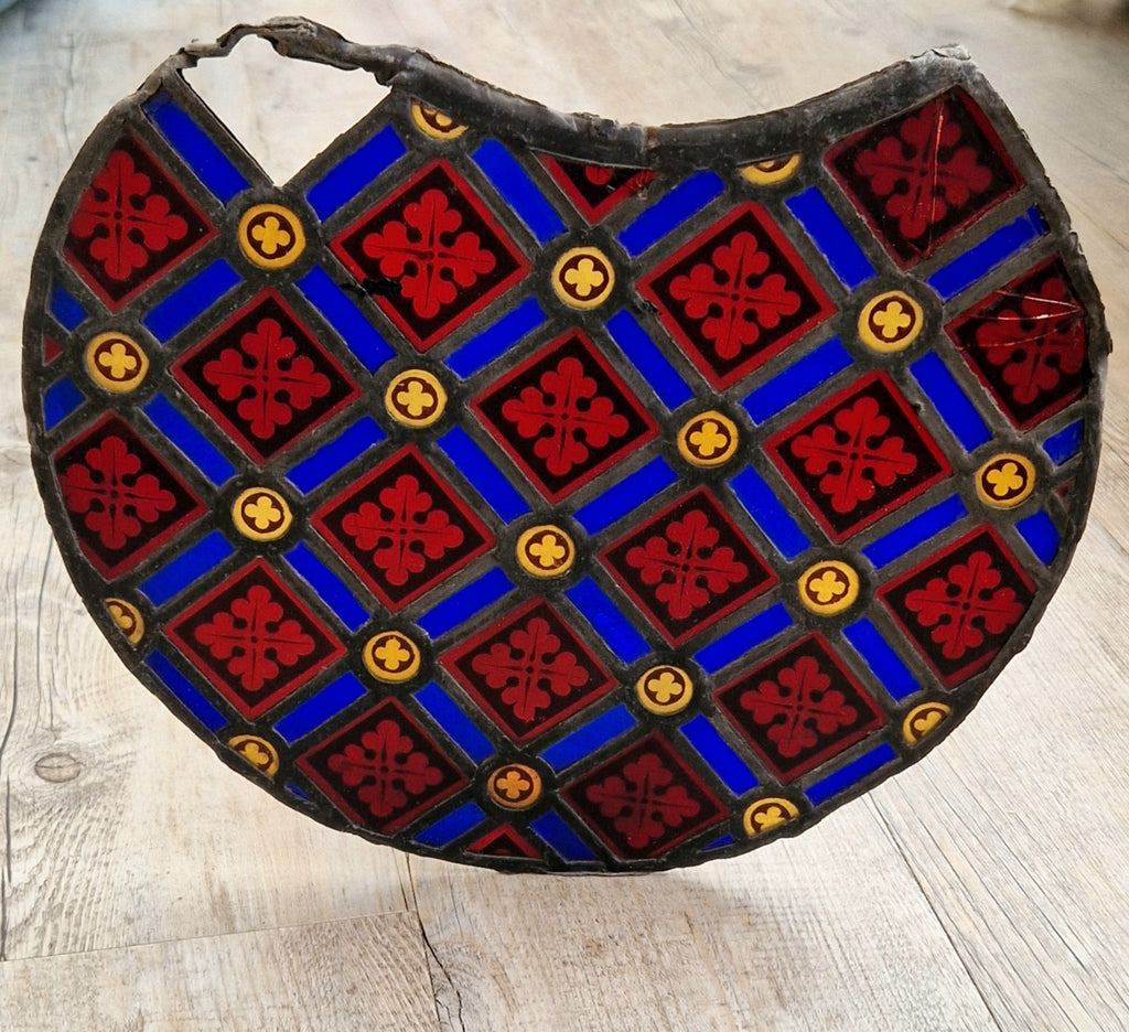 Rare Antique Early 19th Century French Gothic Revival Stained Glass Roundel Panel - Medieval Style Diaper Pattern