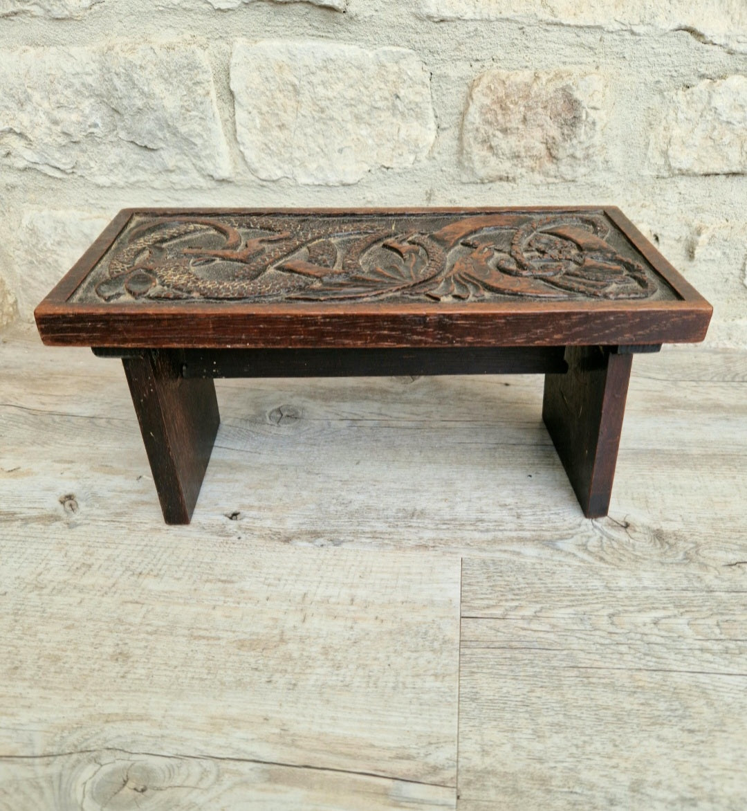Antique Oak Dragon Foot Stool Carved Celtic Design, Rustic Foldable Furniture