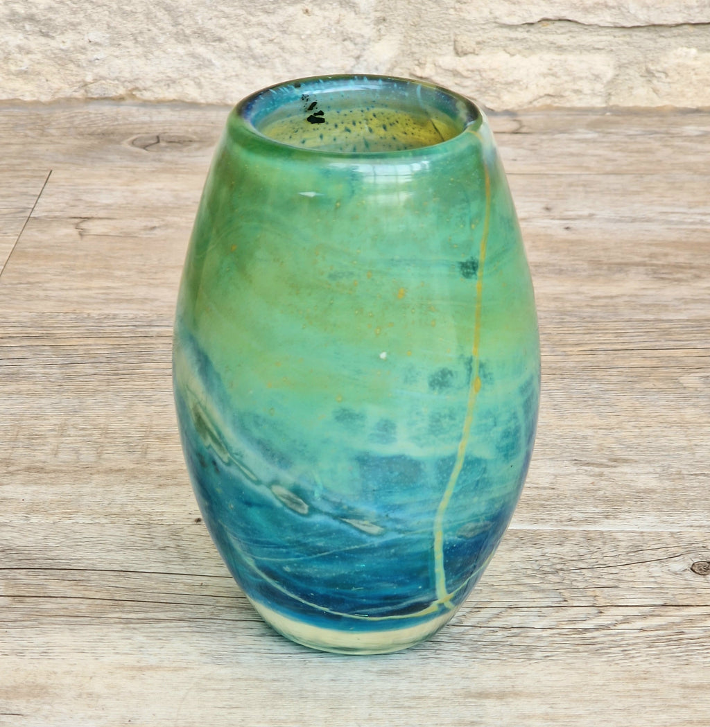 Vintage Mdina Maltese Art Glass Tiger Vase 16cm Signed Mid Century Blue Green 1kg