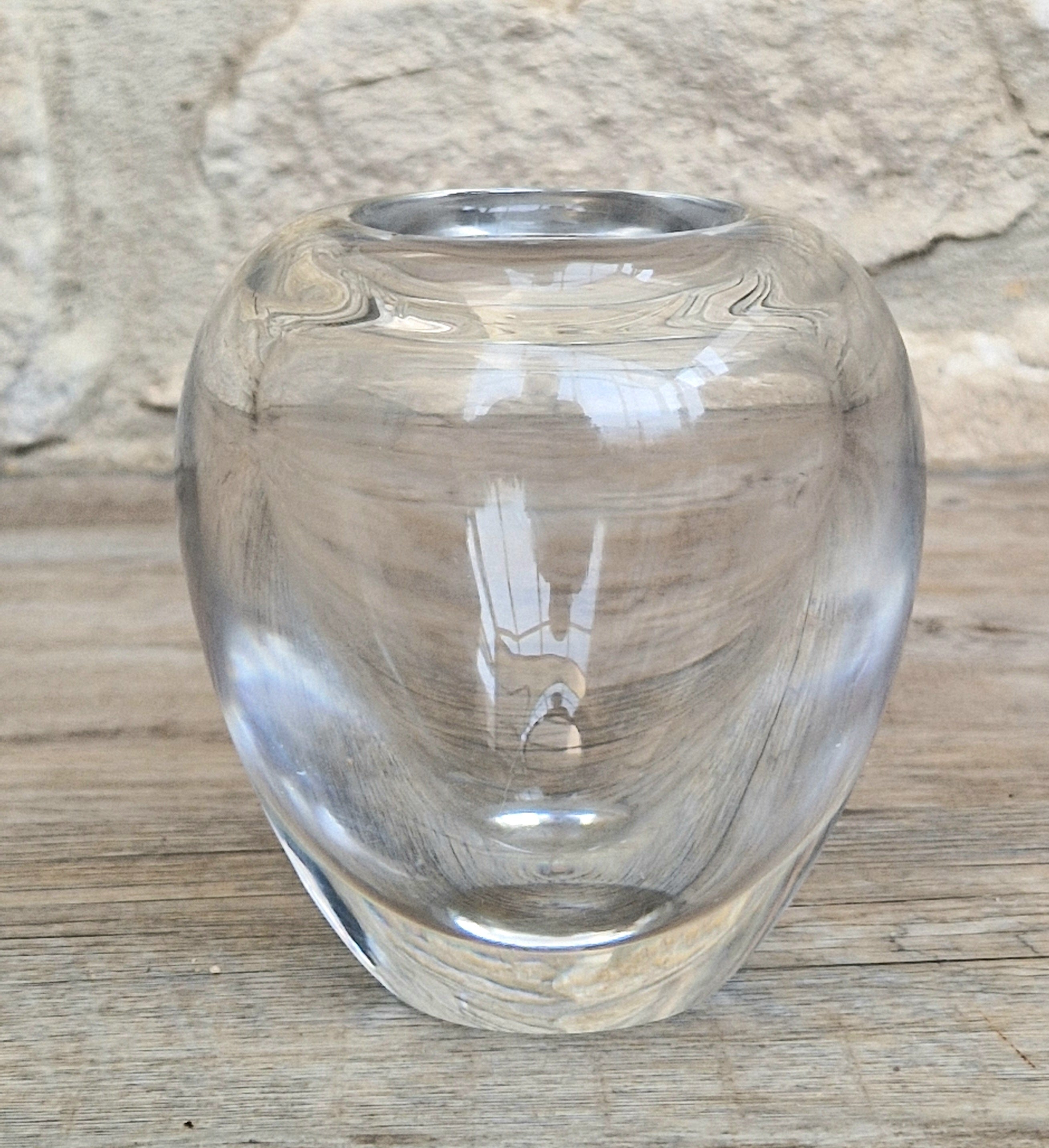 Heavy Mid-Century Clear Hand-Blown Art Glass Ovoid Vase With Polished Frosted Ring Base