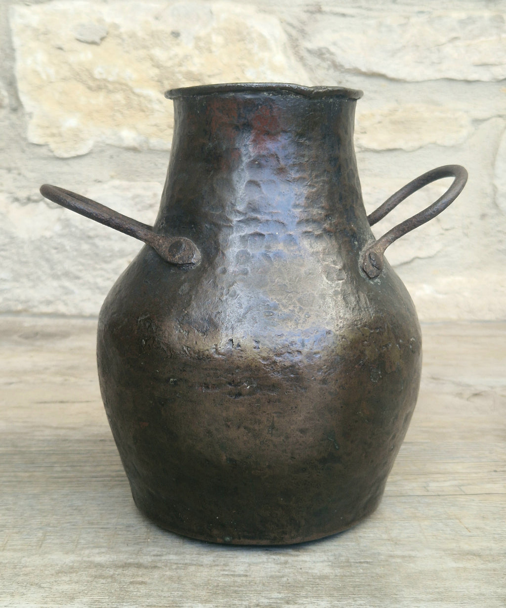 18th Century Hammered Bronze Cauldron Pot Wrought Iron Handles Historic Repair Antique Kitchenalia Vessel