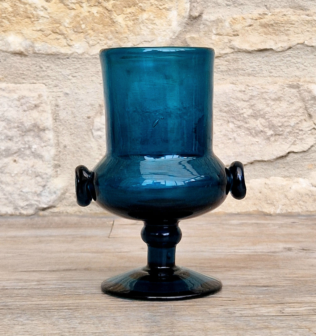 Mid-Century Bertil Vallien for Boda Glass "Basun" Blue Art Glass Wine Goblet Vase