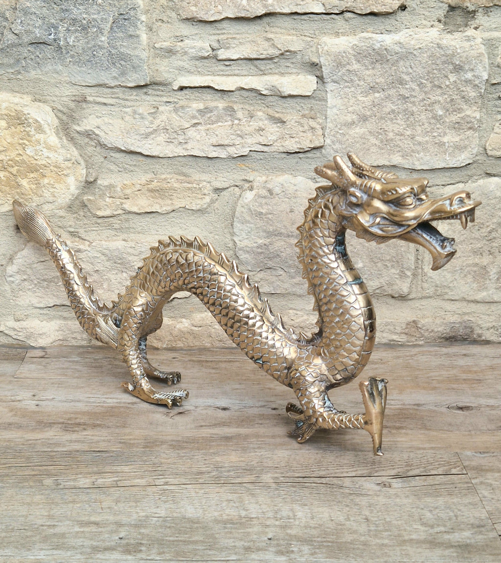 Mid Century High Quality Large Sand-Cast Brass Heavy Chinese Mythical Dragon Figure 51cm