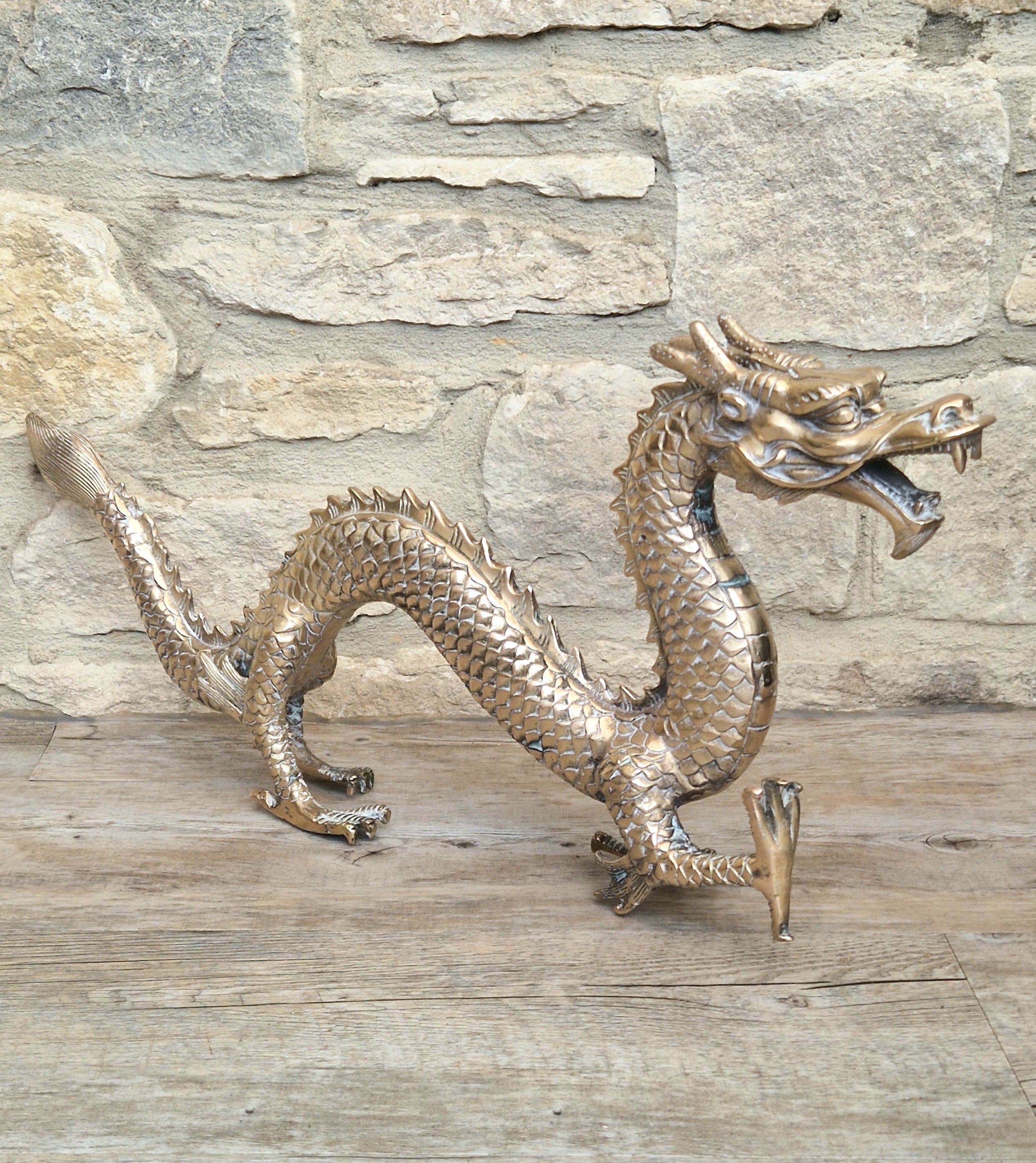 Mid Century High Quality Large Sand-Cast Brass Heavy Chinese Mythical Dragon Figure 51cm