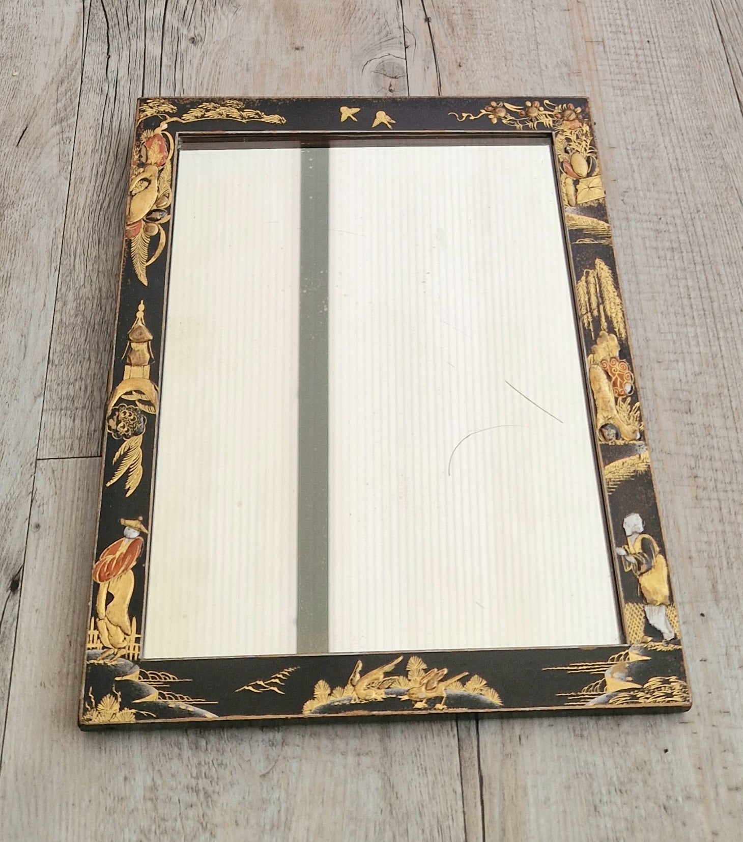 Antique Edwardian Chinoserie Black & Gilt Japanned Rectangular Wall Mirror