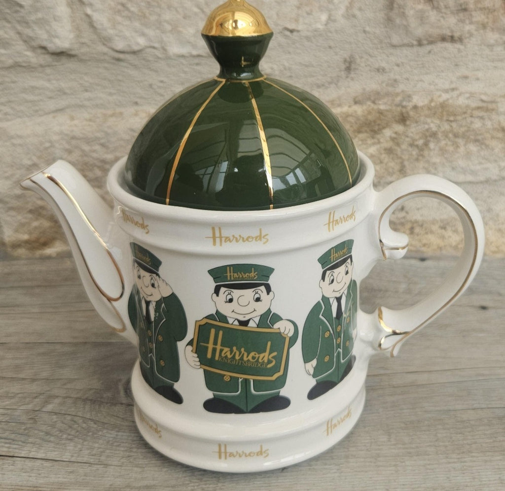 Vintage Harrods Teapot Green & Gold Doormen Motif, James Sadler England Harrods Logo