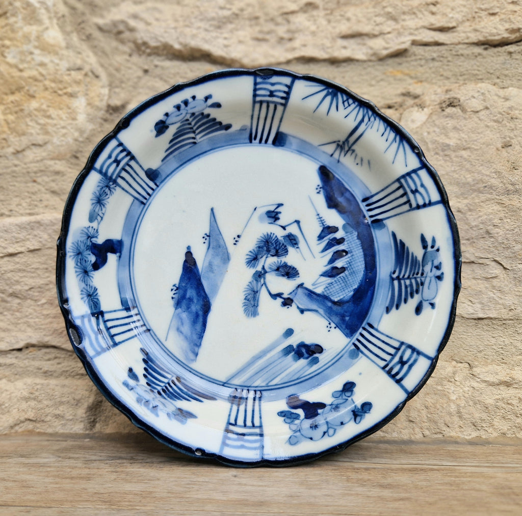 Japanese Ceramic Namasu-Zara Dish Blue & White Arita Edo 'Scholar's Retreat' Kraak Style Rare Antique