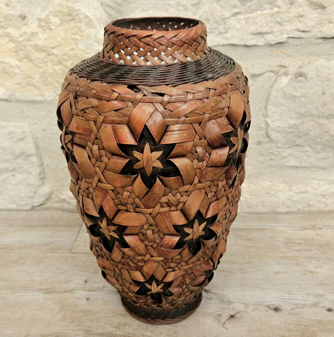 Vintage Japanese Ikebana Vase, Rattan Wrapped Ceramic Insert, Floral Arrangement Vessel, 26cm Tall Decor Piece