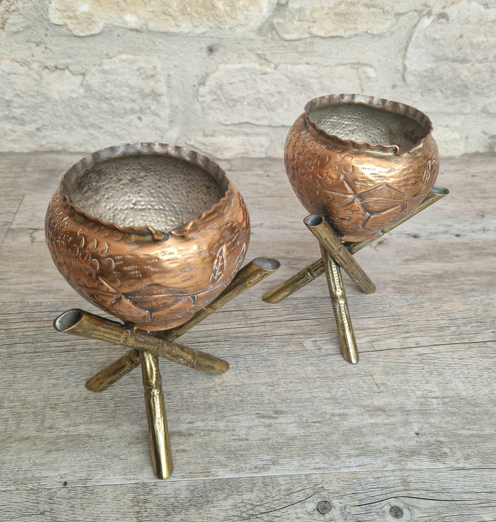 Pair of Antique Japanese Aesthetic Movement Arts & Crafts Copper And Brass Faux Bois Jardinieres
