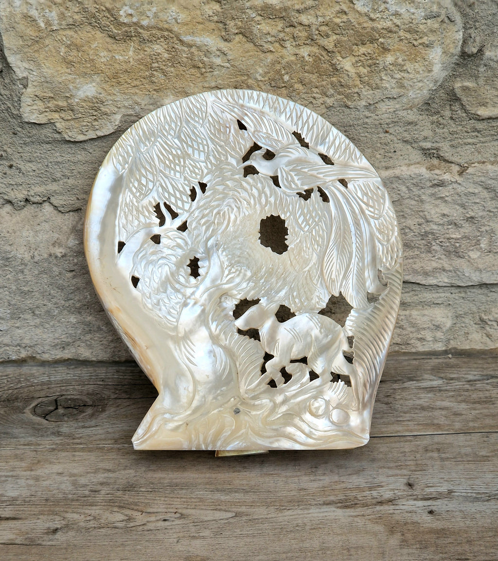 Vintage Chinese Carved Large Mother Of Pearl Shell Animal Birds Forest Scene