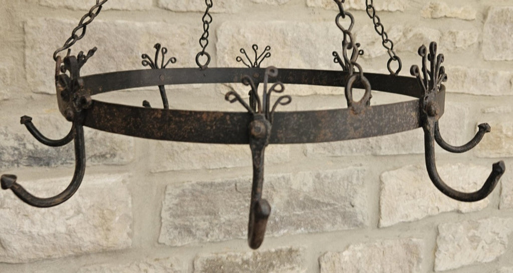 Vintage Hanging Cast Iron Game Rack or Pot Rack with Patina Mid 20th Century