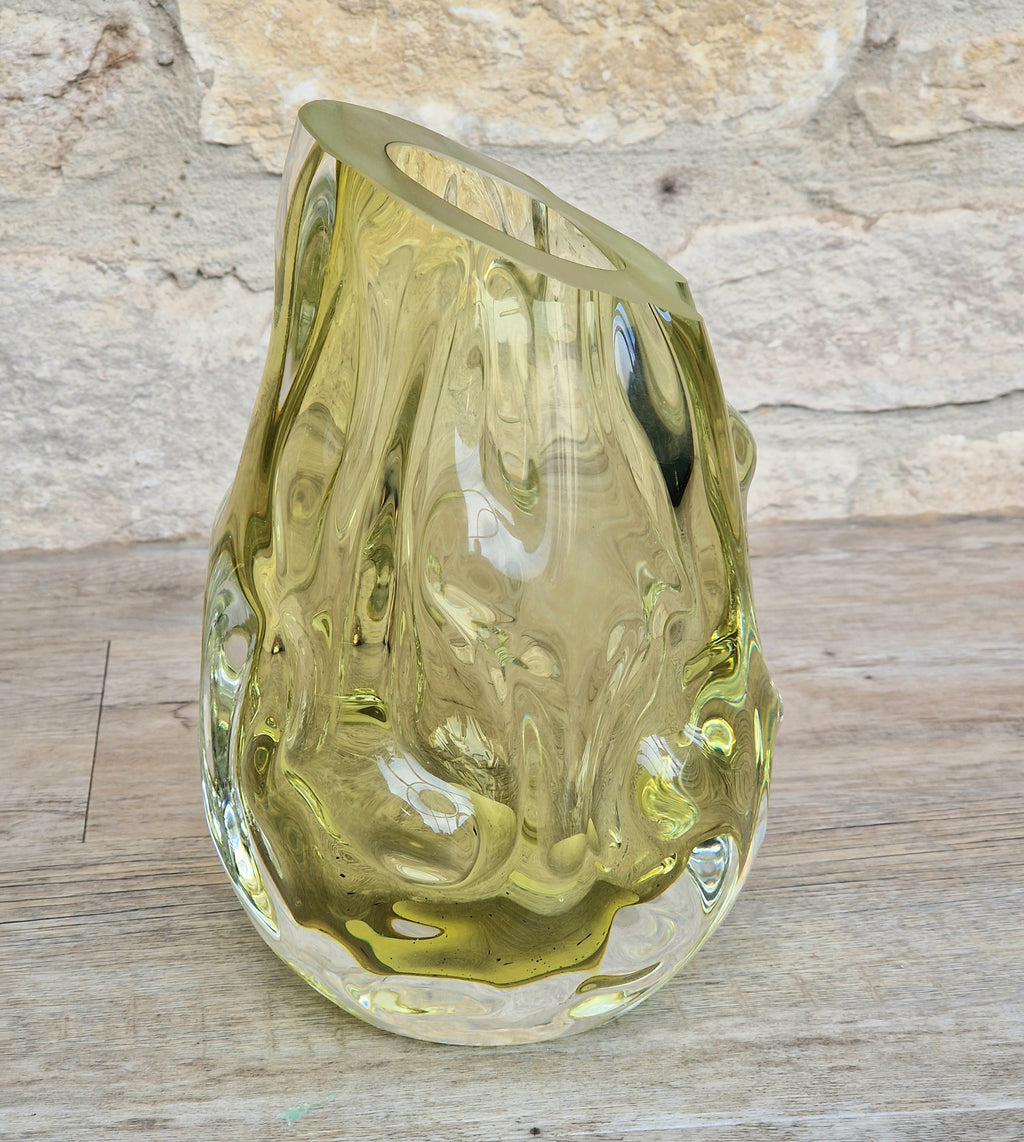 Murano Burri Glass Asymetrical Vase Light Olive Green Heavy Textured Vintage