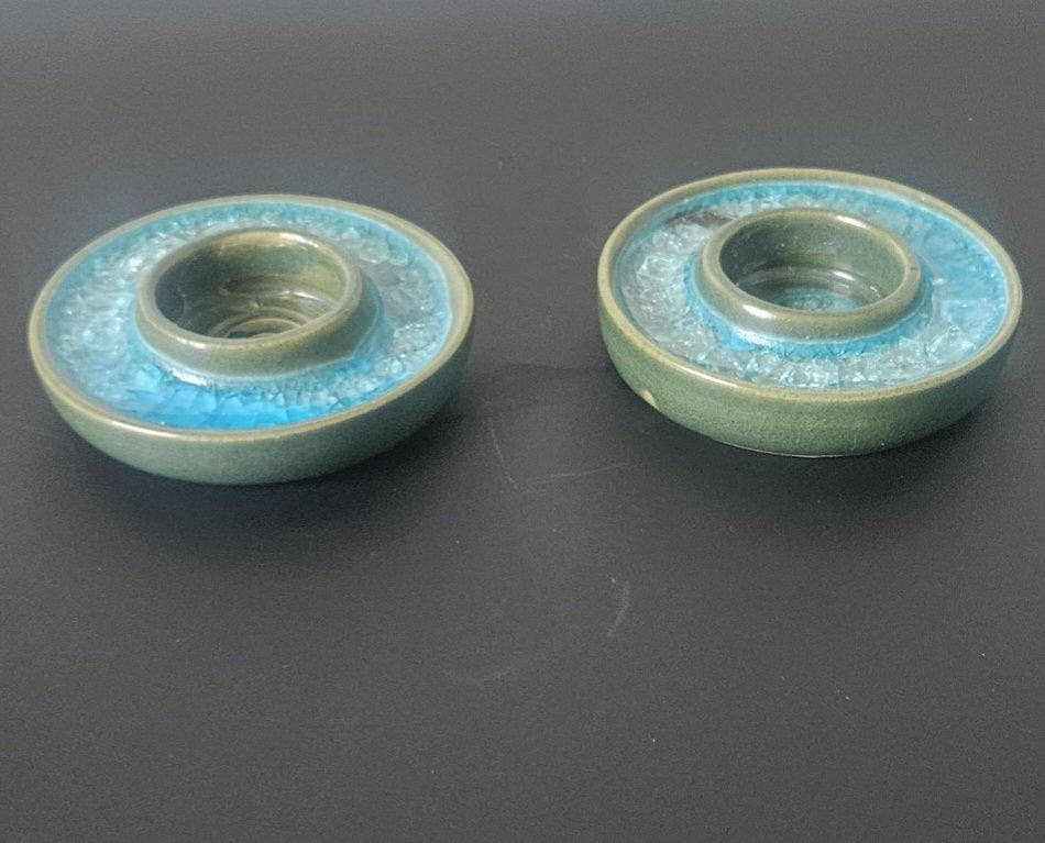 Handmade Pair of Turquoise Green Pottery Tea Light Candle Holders Crackle Glass Studio Pottery Unusual