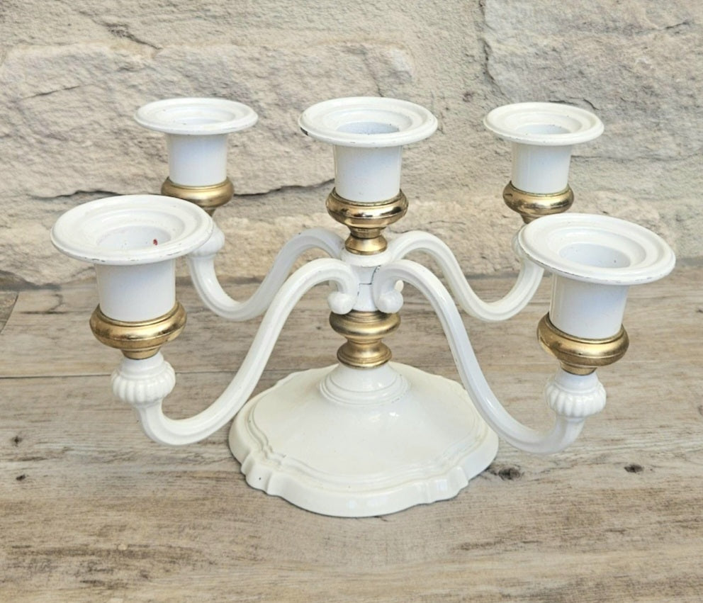 Vintage White Enamel and Gold Five Candle Candelabra Four Arm Elegant Metal Centerpiece