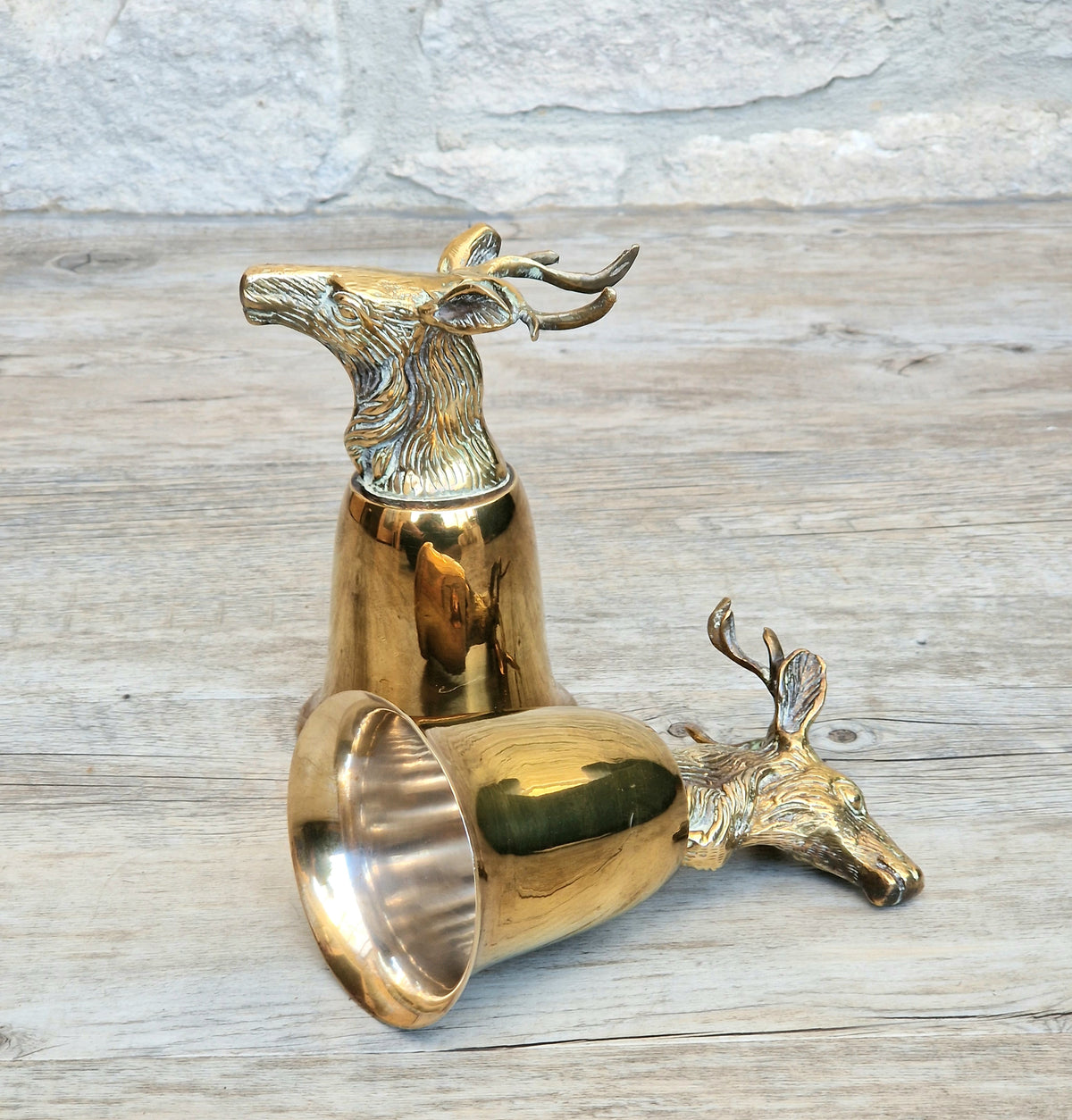 Pair Vintage Brass Stag Stirrup Cups Silver Plated Interiors Naturally Patinated Hunting Barware 1970s