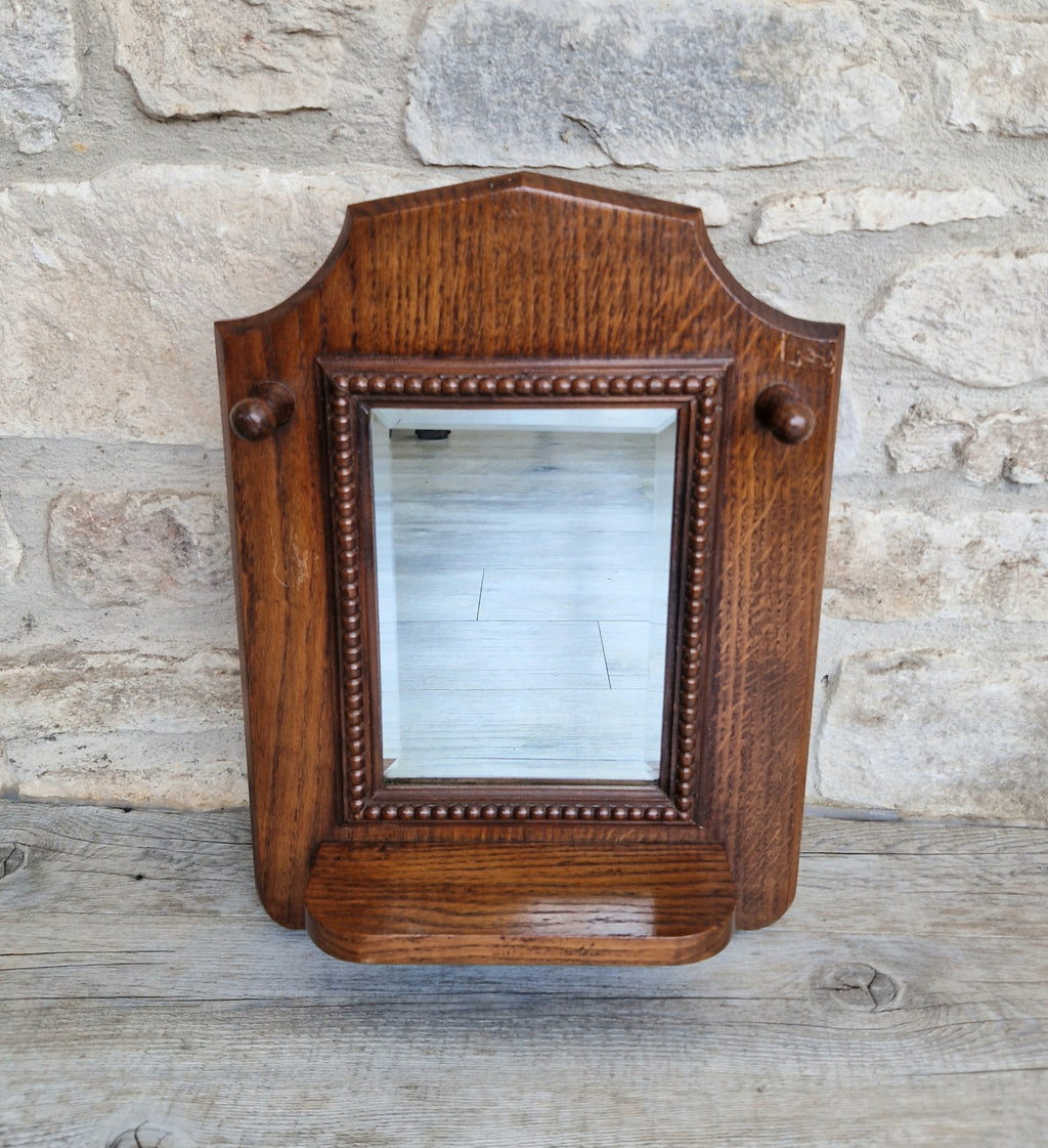 English Oak Arts & Crafts Wall Mirror Bevelled And Beaded Antique Mirror With Shelf And Hooks