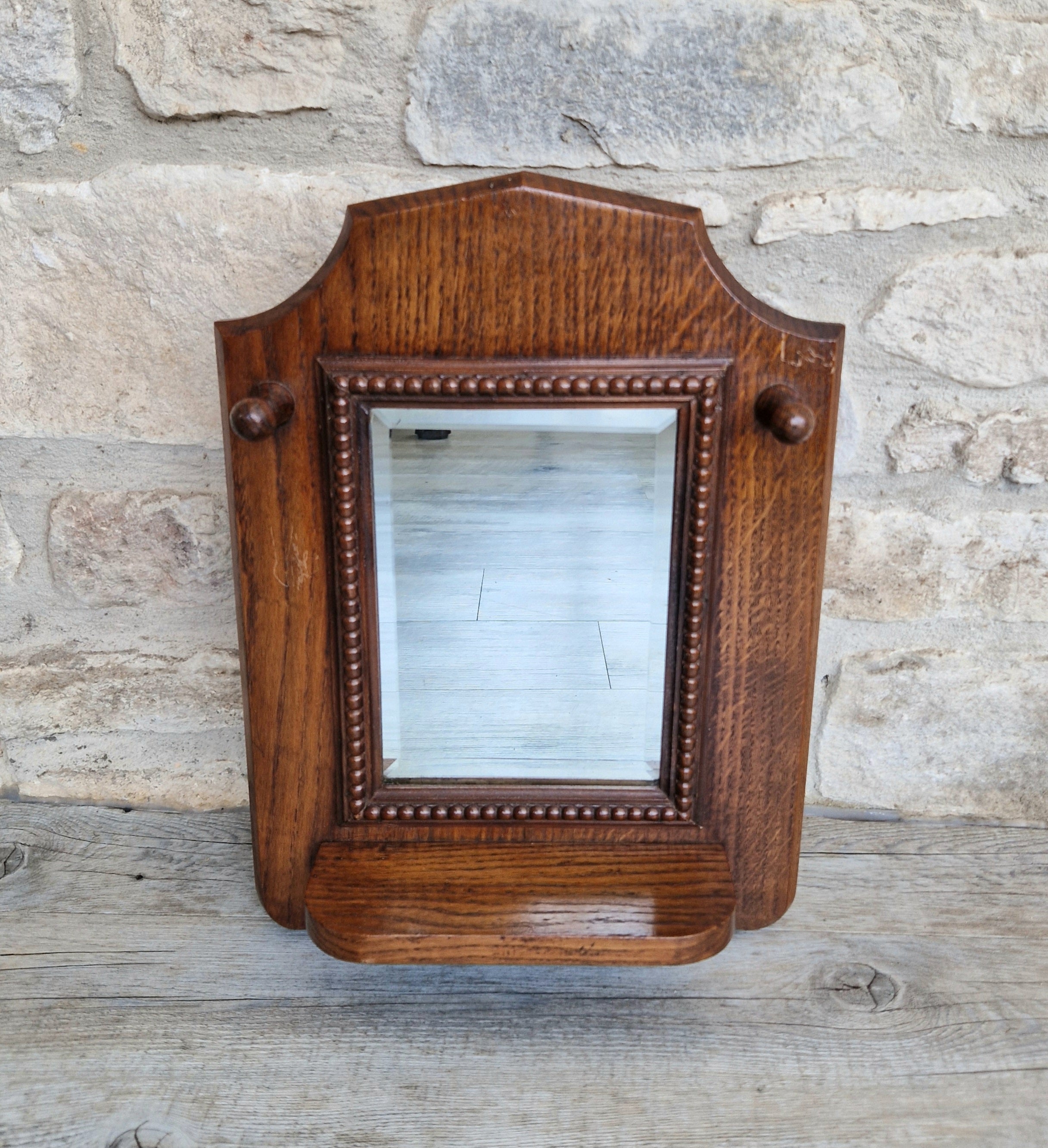 English Oak Arts & Crafts Wall Mirror Bevelled And Beaded Antique Mirror With Shelf And Hooks