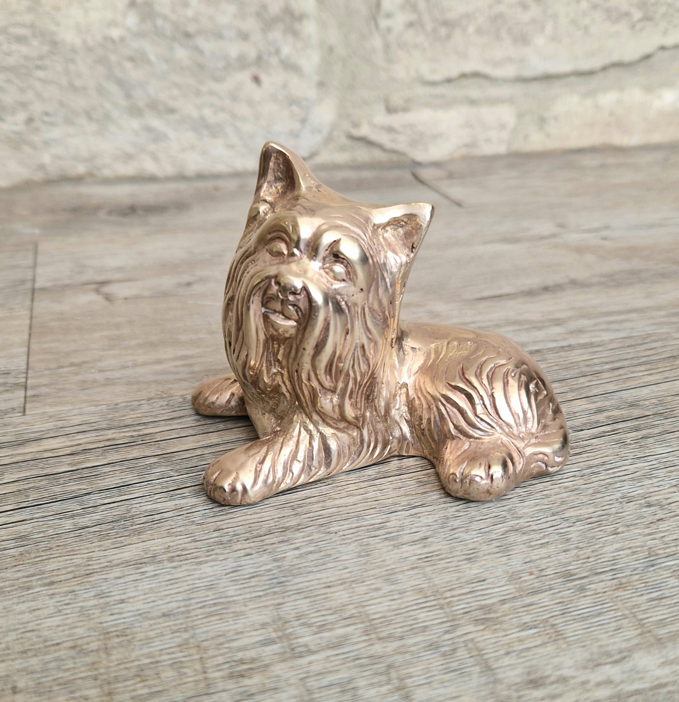 Vintage Solid Brass Yorkshire Terrier Figure Ornament 10cm