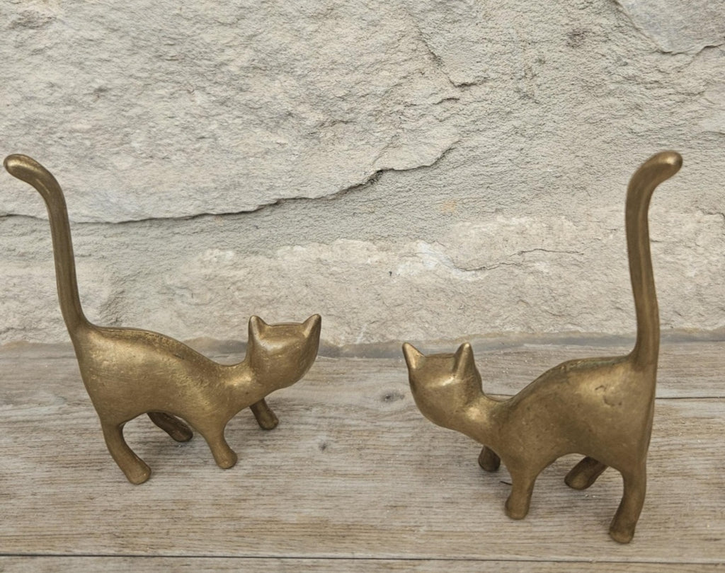 Mid-Century Solid Brass Cat Figurines: Pair of Cat Ornaments