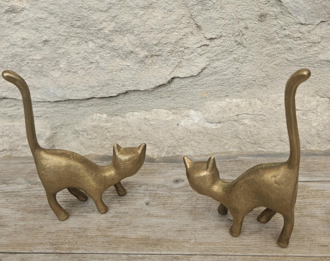 Mid-Century Solid Brass Cat Figurines: Pair of Cat Ornaments